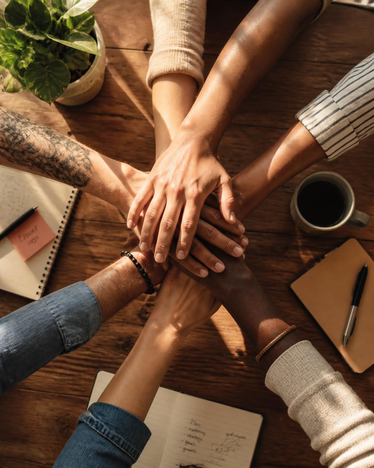 Diverse hands joined together over a wooden table in warm afternoon sunlight